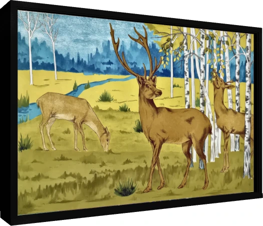 Illustration of three deer grazing amidst white birch trees in a yellow ochre meadow near a blue stream. — floater frame preview | PrintPosters.in