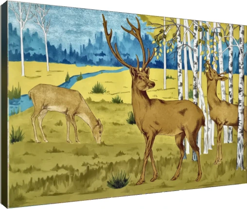 Illustration of three deer grazing amidst white birch trees in a yellow ochre meadow near a blue stream. | PrintPosters.in