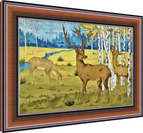 Illustration of three deer grazing amidst white birch trees in a yellow ochre meadow near a blue stream. — photo frame preview | PrintPosters.in