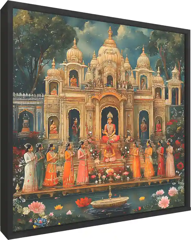 Vibrant Hindu Temple Devotion Canvas — floater frame preview | PrintPosters.in