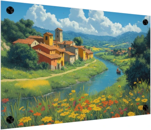 Vibrant digital painting of a sunlit European river village surrounded by green hills and bright yellow wildflowers. — acrylic preview | PrintPosters.in