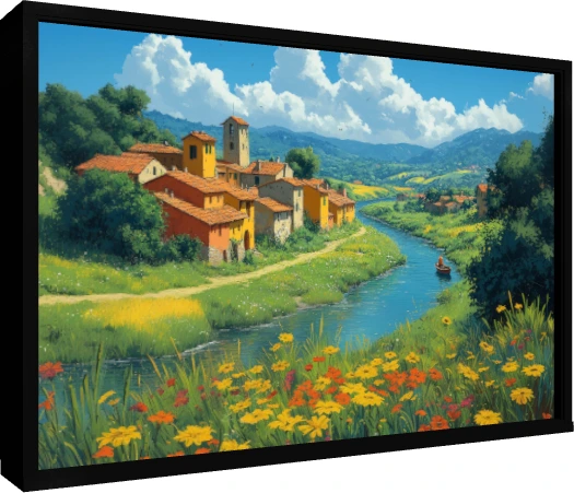 Vibrant digital painting of a sunlit European river village surrounded by green hills and bright yellow wildflowers. — floater frame preview | PrintPosters.in