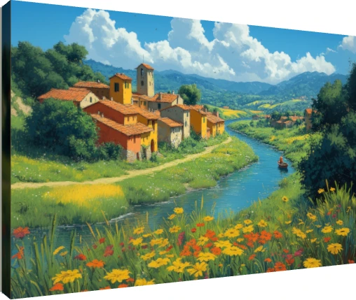 Vibrant digital painting of a sunlit European river village surrounded by green hills and bright yellow wildflowers. | PrintPosters.in