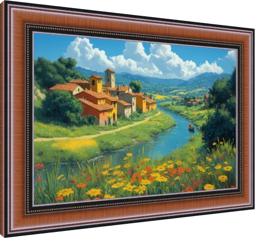 Vibrant digital painting of a sunlit European river village surrounded by green hills and bright yellow wildflowers. — photo frame preview | PrintPosters.in