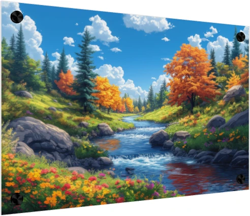 A vibrant digital landscape featuring a rushing blue river, golden autumn trees, and wildflowers under a bright sky. — acrylic preview | PrintPosters.in