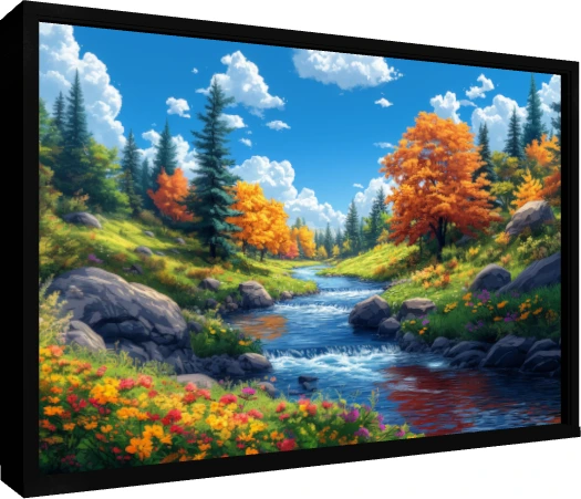 A vibrant digital landscape featuring a rushing blue river, golden autumn trees, and wildflowers under a bright sky. — floater frame preview | PrintPosters.in