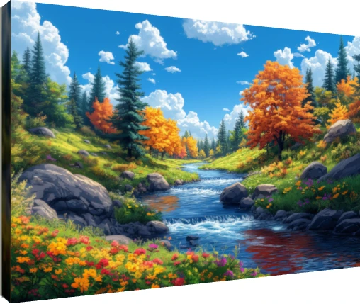 A vibrant digital landscape featuring a rushing blue river, golden autumn trees, and wildflowers under a bright sky. | PrintPosters.in