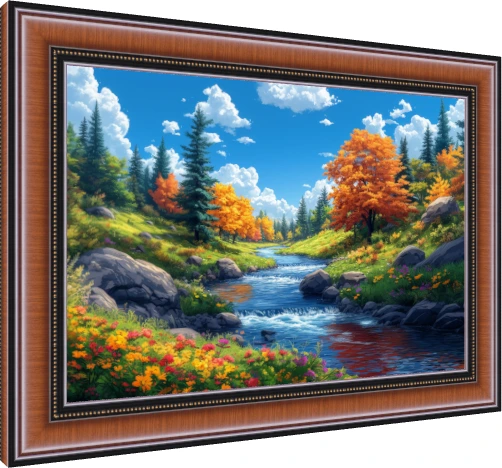 A vibrant digital landscape featuring a rushing blue river, golden autumn trees, and wildflowers under a bright sky. — photo frame preview | PrintPosters.in