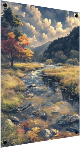 A clear mountain river flowing through grassy banks and colorful autumn trees under a soft cloudy sky. — acrylic preview | PrintPosters.in
