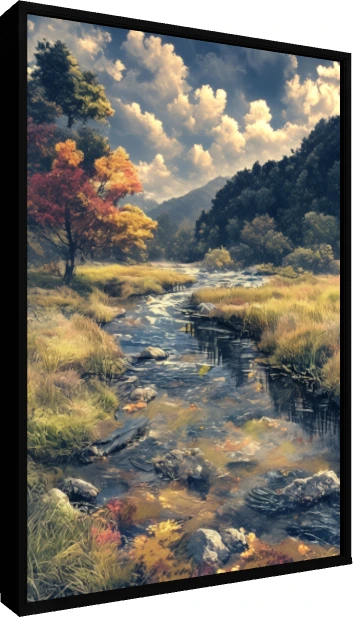 A clear mountain river flowing through grassy banks and colorful autumn trees under a soft cloudy sky. — floater frame preview | PrintPosters.in
