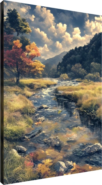 A clear mountain river flowing through grassy banks and colorful autumn trees under a soft cloudy sky. | PrintPosters.in