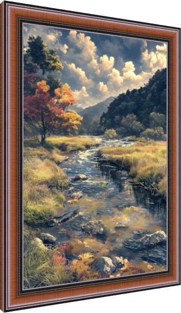 A clear mountain river flowing through grassy banks and colorful autumn trees under a soft cloudy sky. — photo frame preview | PrintPosters.in