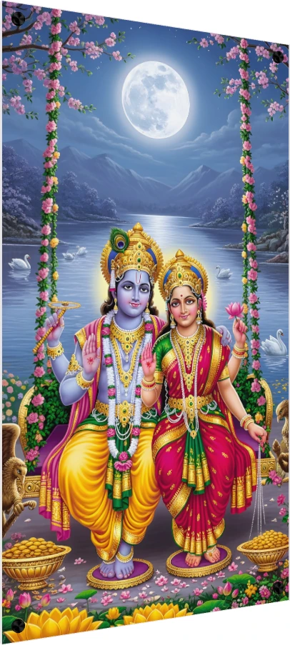 Vibrant digital painting of Lord Vishnu and Goddess Lakshmi sitting together on a flower-decorated swing under a full moon. — acrylic preview | PrintPosters.in