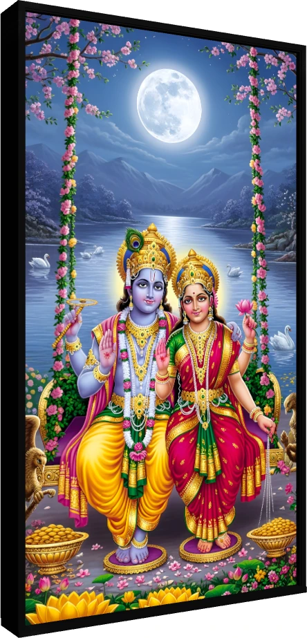 Vibrant digital painting of Lord Vishnu and Goddess Lakshmi sitting together on a flower-decorated swing under a full moon. — floater frame preview | PrintPosters.in