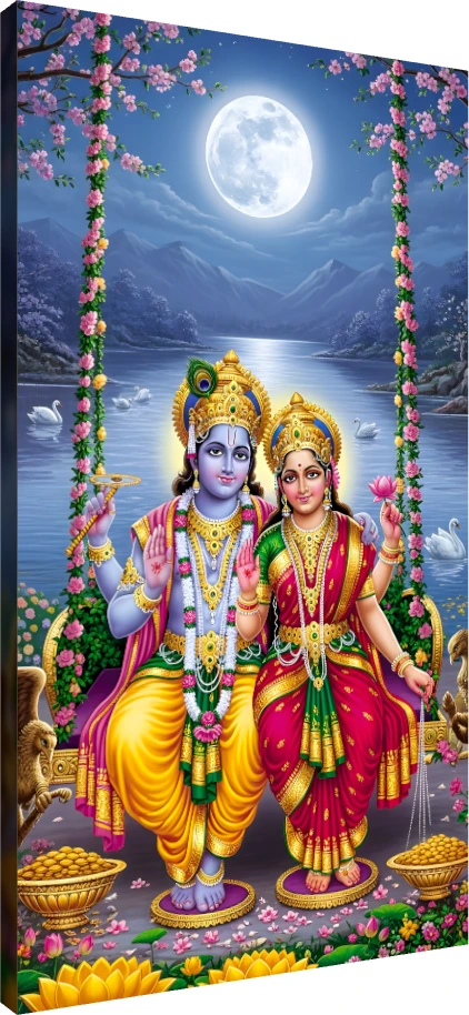 Vibrant digital painting of Lord Vishnu and Goddess Lakshmi sitting together on a flower-decorated swing under a full moon. | PrintPosters.in