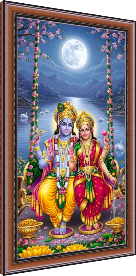 Vibrant digital painting of Lord Vishnu and Goddess Lakshmi sitting together on a flower-decorated swing under a full moon. — photo frame preview | PrintPosters.in
