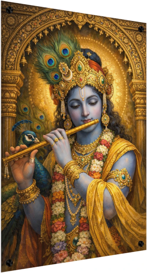 A highly detailed painting of Lord Krishna with blue skin, playing a golden flute and wearing an ornate golden crown with peacock feathers. — acrylic preview | PrintPosters.in