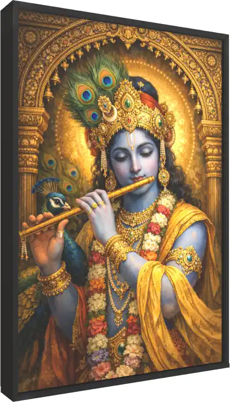 Lord Krishna with Peacock Feather Crown Art — floater frame preview | PrintPosters.in