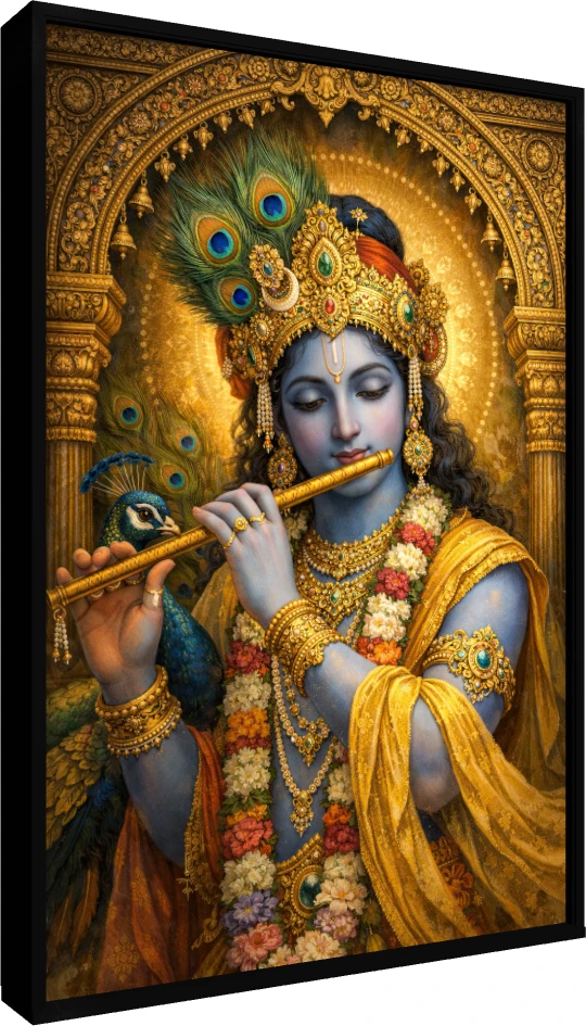 A highly detailed painting of Lord Krishna with blue skin, playing a golden flute and wearing an ornate golden crown with peacock feathers. — floater frame preview | PrintPosters.in