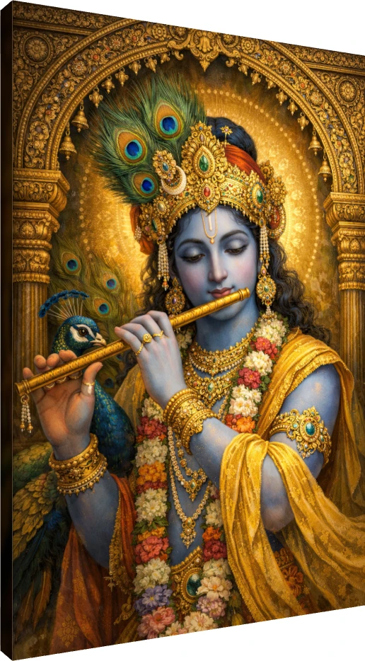 A highly detailed painting of Lord Krishna with blue skin, playing a golden flute and wearing an ornate golden crown with peacock feathers. | PrintPosters.in