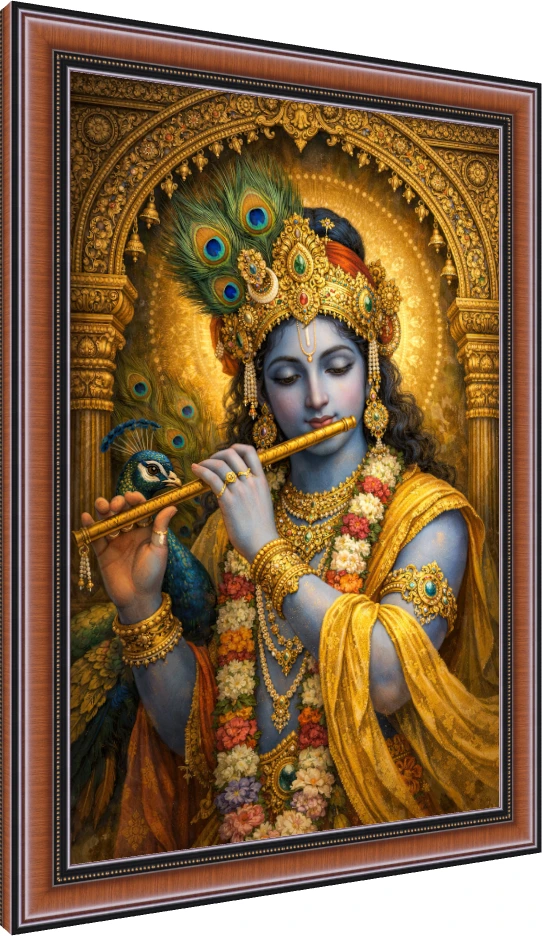 A highly detailed painting of Lord Krishna with blue skin, playing a golden flute and wearing an ornate golden crown with peacock feathers. — photo frame preview | PrintPosters.in