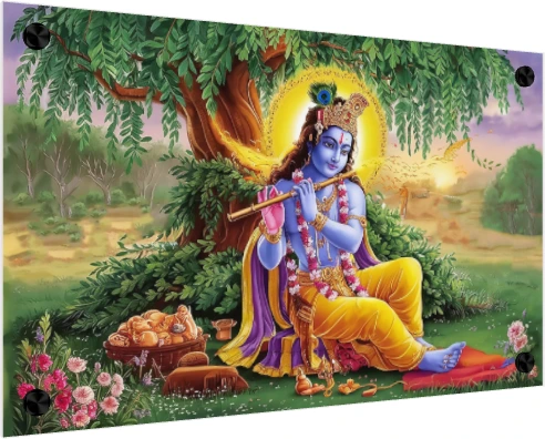 A vibrant painting of Lord Krishna sitting under a tree, playing his golden flute with a serene expression. — acrylic preview | PrintPosters.in