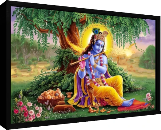 A vibrant painting of Lord Krishna sitting under a tree, playing his golden flute with a serene expression. — floater frame preview | PrintPosters.in