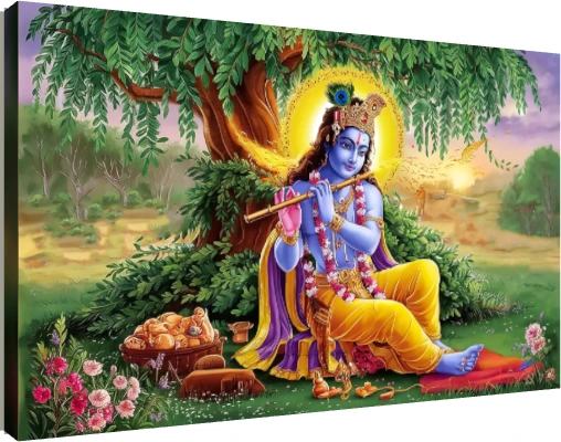 A vibrant painting of Lord Krishna sitting under a tree, playing his golden flute with a serene expression. | PrintPosters.in
