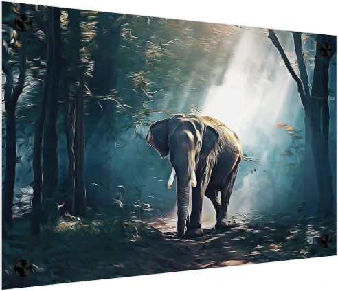 Digital painting of a tusked elephant standing in a misty forest illuminated by bright rays of sunlight. — acrylic preview | PrintPosters.in