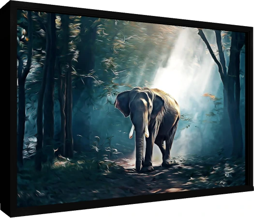 Digital painting of a tusked elephant standing in a misty forest illuminated by bright rays of sunlight. — floater frame preview | PrintPosters.in