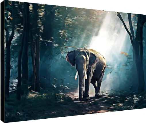 Digital painting of a tusked elephant standing in a misty forest illuminated by bright rays of sunlight. | PrintPosters.in