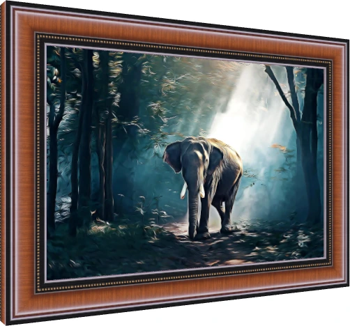 Digital painting of a tusked elephant standing in a misty forest illuminated by bright rays of sunlight. — photo frame preview | PrintPosters.in