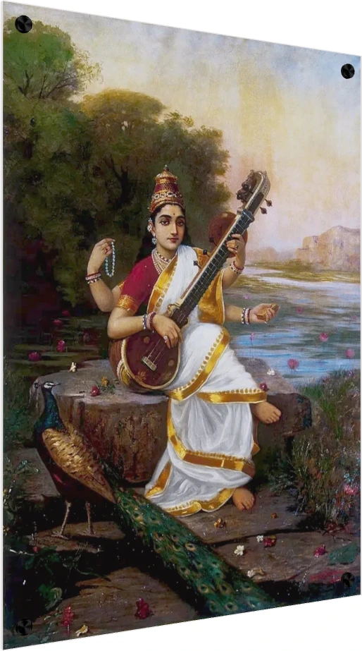 Goddess Saraswati in a white and gold sari playing veena beside a river with a peacock by Raja Ravi Varma. — acrylic preview | PrintPosters.in