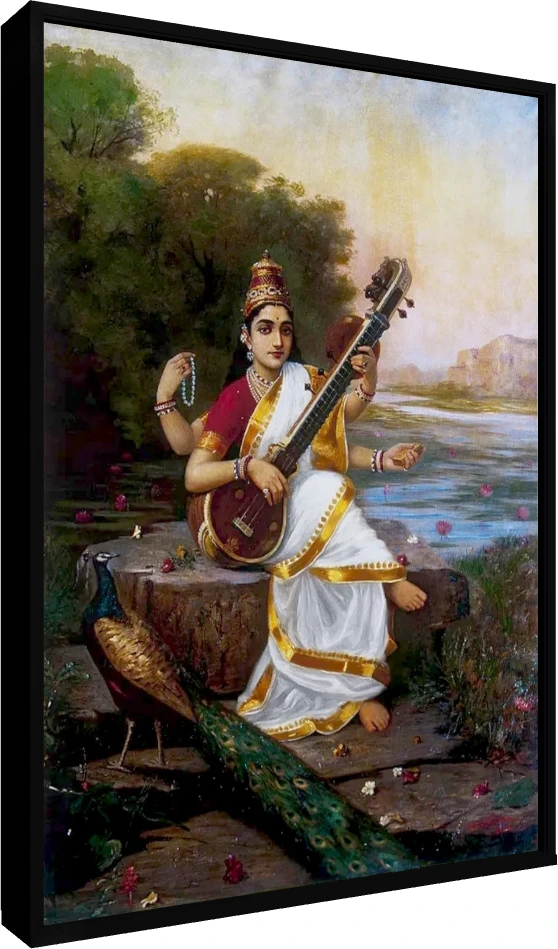 Goddess Saraswati in a white and gold sari playing veena beside a river with a peacock by Raja Ravi Varma. — floater frame preview | PrintPosters.in