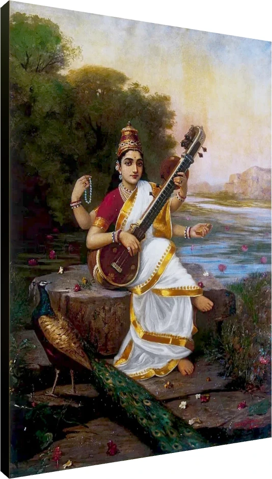 Goddess Saraswati in a white and gold sari playing veena beside a river with a peacock by Raja Ravi Varma. | PrintPosters.in