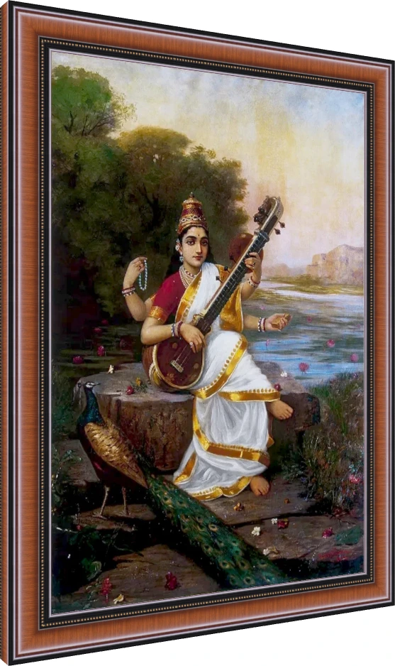 Goddess Saraswati in a white and gold sari playing veena beside a river with a peacock by Raja Ravi Varma. — photo frame preview | PrintPosters.in
