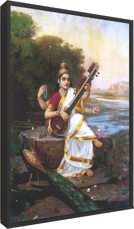 Classic 1896 Goddess Saraswati Ravi Varma Canvas — floater frame preview | PrintPosters.in