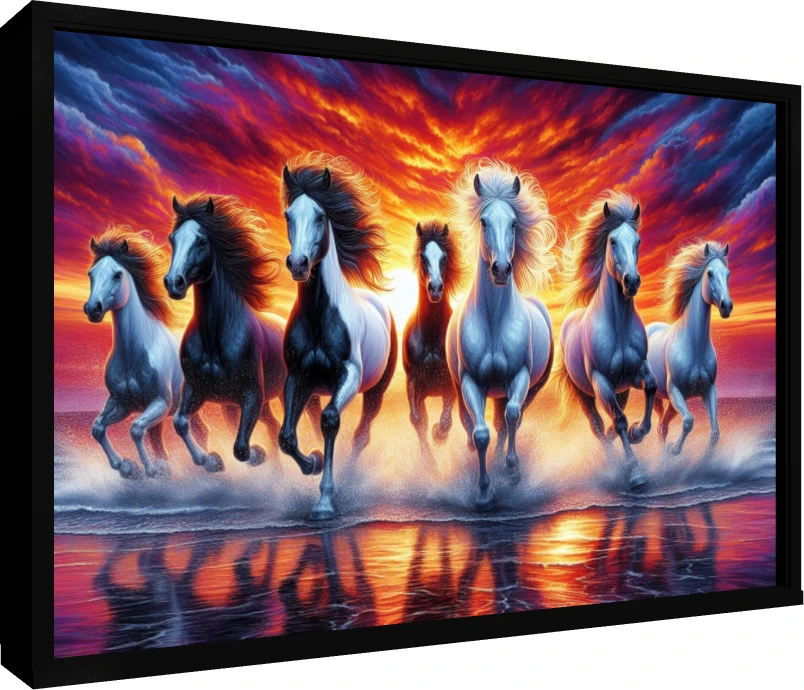 Golden Light Seven Running Horses wall art print — floater frame preview | PrintPosters.in