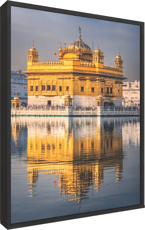 Serene Golden Temple Reflection Canvas — floater frame preview | PrintPosters.in