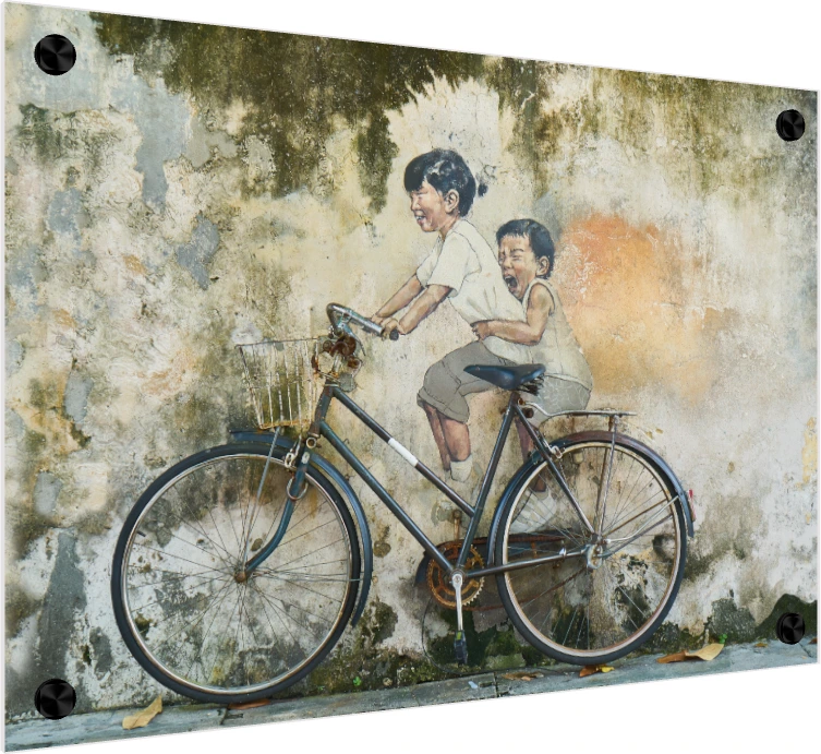 Children on Bicycle Street Art Canvas Print wall art print — acrylic preview | PrintPosters.in