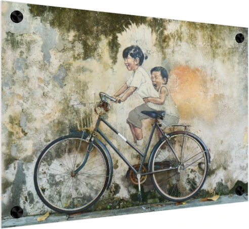 Children on Bicycle Street Art Canvas Print wall art print — acrylic preview | PrintPosters.in
