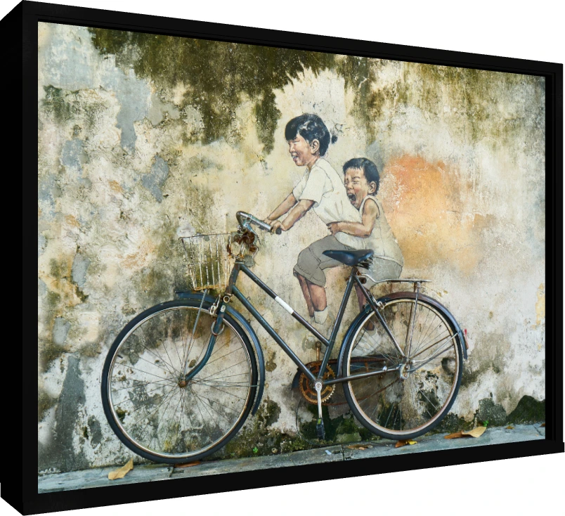 Children on Bicycle Street Art Canvas Print wall art print — floater frame preview | PrintPosters.in