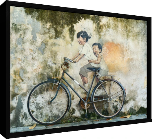 Children on Bicycle Street Art Canvas Print wall art print — floater frame preview | PrintPosters.in