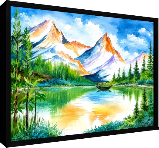 Sunlit Alpine Mountain Lake wall art print — floater frame preview | PrintPosters.in