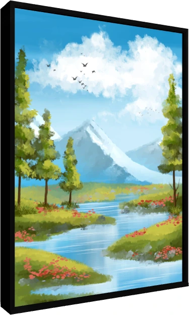 Sunny Mountain River Meadow Canvas Print wall art print — floater frame preview | PrintPosters.in