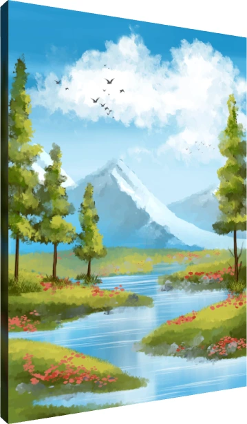 Sunny Mountain River Meadow Canvas Print wall art print | PrintPosters.in