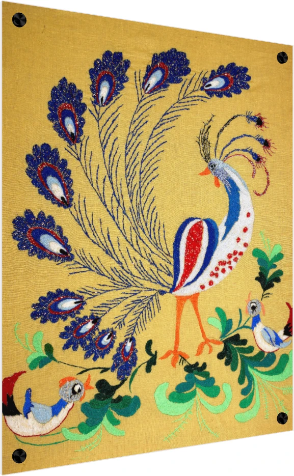Folk Art Peacock Embroidery Canvas Print wall art print — acrylic preview | PrintPosters.in