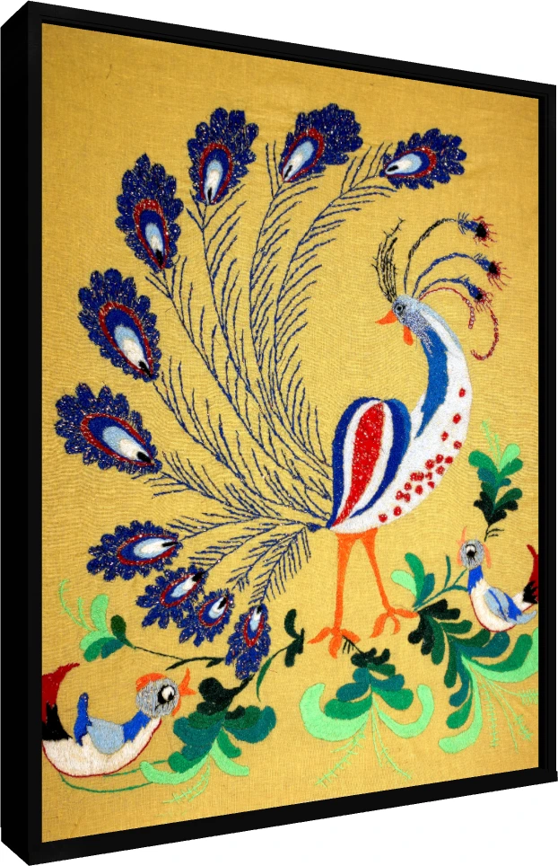 Folk Art Peacock Embroidery Canvas Print wall art print — floater frame preview | PrintPosters.in