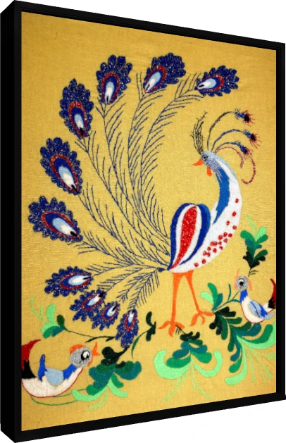 Folk Art Peacock Embroidery Canvas Print wall art print — floater frame preview | PrintPosters.in
