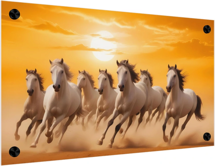 Seven majestic white horses galloping forward through dust clouds under a brilliant golden sunset sky. — acrylic preview | PrintPosters.in